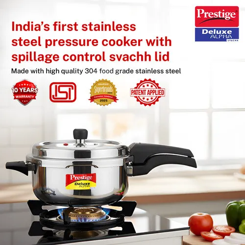 Prestige 4 Litre Stainless Steel Deluxe Alpha Svachh Outer Lid Senior Pressure Pan Cooker | 10Y Warranty| Deep Lid for Spillage Control | TRIPLY Base | GRS | Gas & Induction Compatible | ISI - Alternate View